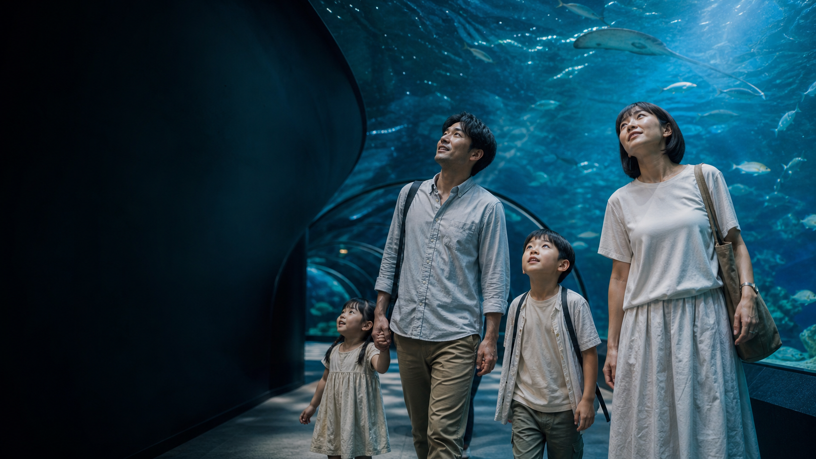 家族で水族館を楽しむ様子を描いたイメージ