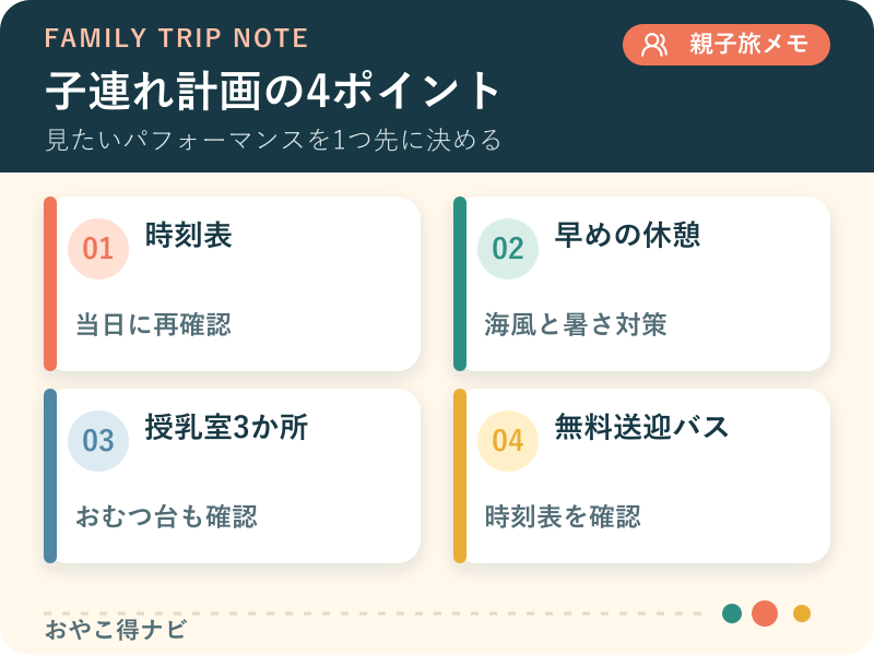 パフォーマンス、休憩、授乳室、無料送迎バスを整理した図解