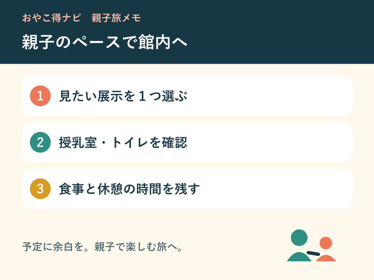 展示を一つ選ぶ、授乳とトイレを確認、食事前に休憩を入れる親子の回り方