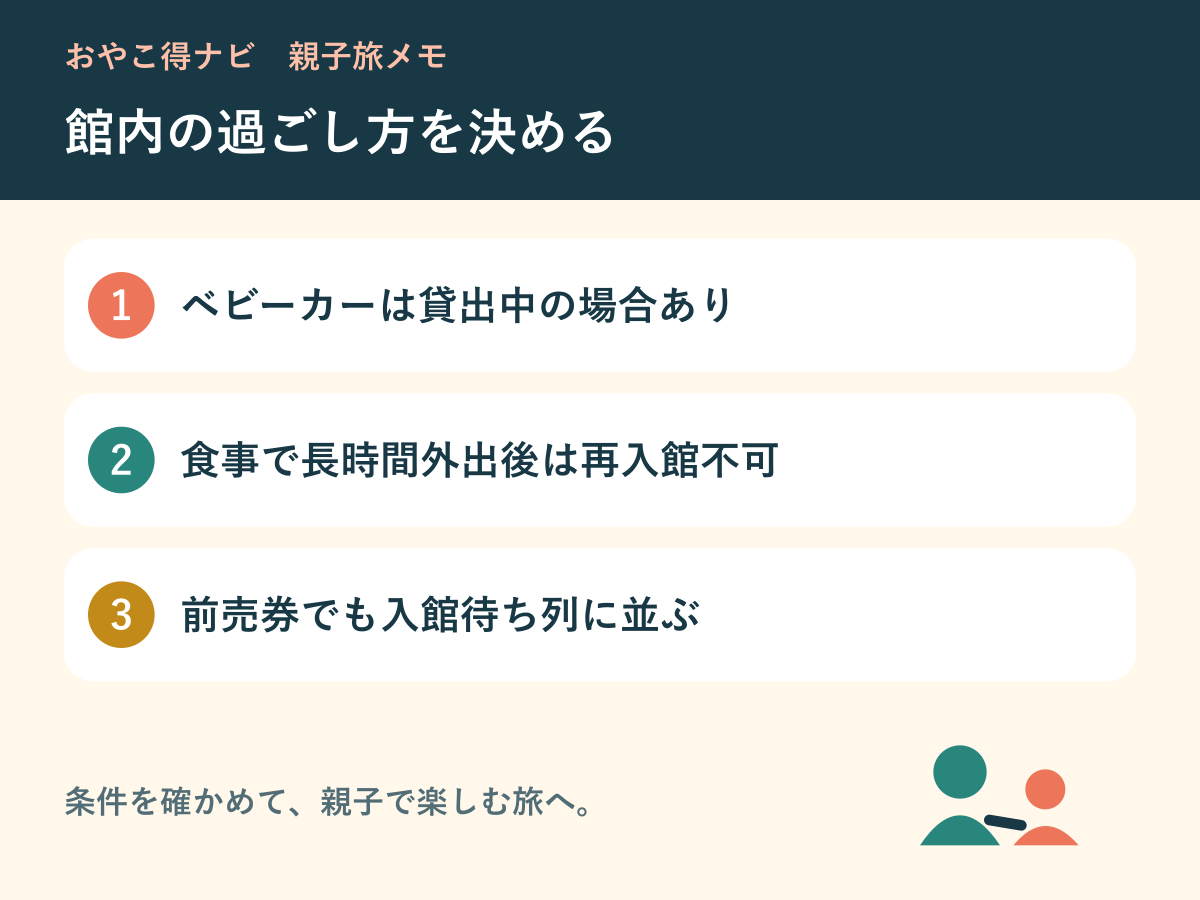 ベビーカーと食事、再入館条件を整理する図解
