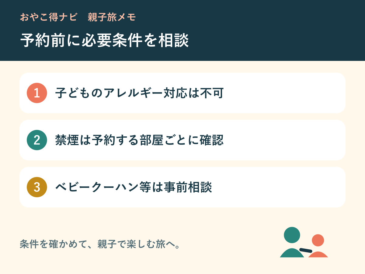 食事の対応条件と禁煙、貸出品を整理する図解